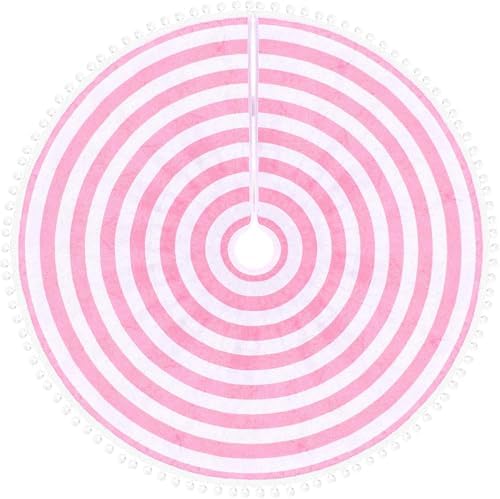 48 Inch Pink and White Christmas Tree Skirt with Pom Poms by MACTING