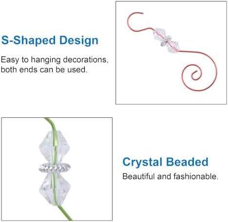 INCREWAY 30PCS Christmas Ornament Hooks with Diamond Shaped Beads, S-Shaped Decorative Hangers Metal Wire Clear Crystal Beads for Christmas Tree Decorations Party Crafts Door Frame, Red and Green - Image 3