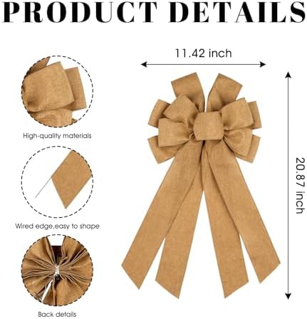 Dark Beige Large Bow for Wreath Tree Topper 11x21 Inch Linen Texture Wired Ribbon Big Bows for Front Door Rustic Farmhouse Vintage Decor Gift - Image 2