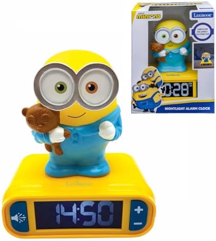 LEXiBOOK - Minions - Bob Digital Alarm Clock with Night Light - Snooze Function - Minions Sound Effects - for Children/Kids - Luminous Clock with Bob, Yellow/Blue - RL800DES by Lexibook