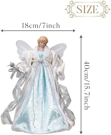 Valery Madelyn Lighted Christmas Tree Topper Angel with Timer, 16 Inch Blue and Silver Fabric Angel Tree Topper with Lights for Christmas Tree Decoration Indoor, Battery Operated - Image 3
