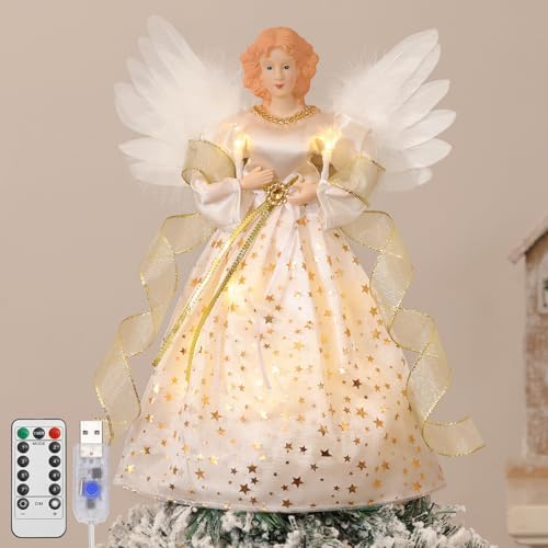 Lewondr Christmas Tree Topper Angel, 12" Lighted Angel Tree Topper with 8 Modes, 6H Timer Angel Figurine Christmas Tree Top Wings, Remote & USB Powered Xmas Decor for Tree Tabletop Home, Gold by Lewondr