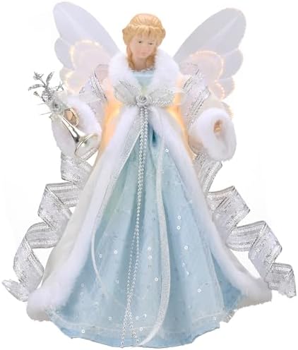 Valery Madelyn Lighted Christmas Tree Topper Angel with Timer, 12 Inch Blue and Silver Fabric Small Angel Tree Topper with Lights for Christmas Tree Decoration Indoor, Battery Operated by ValeryMadelyn