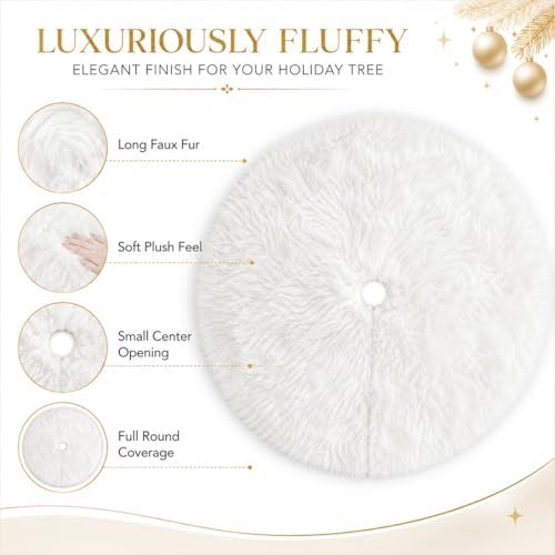 Faux Fur Christmas Tree Skirts, 60 inches Velvet Plush Long Haired Wool Fur Xmas Tree Base Cover Mat for New Year Home Party Decorations (150CM, White Plush) - Image 5