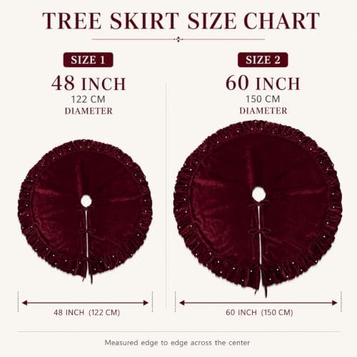 Christmas Tree Skirt, Wine Red Velvet with Ruffled Pearl 60 Inch - Image 4