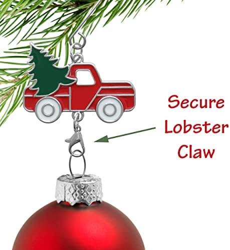 Red Truck Christmas Ornament Hooks Set of 20, 3 Inch Christmas Tree Ornament Hangers with S Hook and Lobster Claw, Enameled Red Truck with Green Tree and White Wheels, Decorative Holiday Hanging Hooks - Image 3