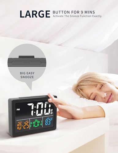 JALL Digital Clock with Date Day for Seniors, Electric Alarm Clocks for Bedrooms with Temperature, 2 Alarms, Dimmer, Dual USB Charger, Battery Backup, Volume Control, Snooze, Bedside Desk Clock, Black - Image 3