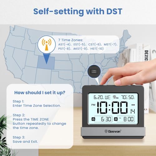 Geevon Atomic Travel Alarm Clock with Indoor Temperature and Humidity | Auto DST Digital Desk Clock Portable Battery Operated with 2 Alarms, Snooze, Light, 3.7" Display for Bedroom Office Study - Image 4