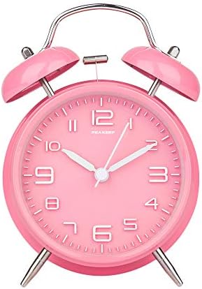 Peakeep 4 Inches Twin Bell Loud Alarm Clock for Heavy Sleepers | Backlight, Battery Operated Old Fashioned Alarm Clock for Bedrooms Kids' Room (3D-Dial, Pink) - Image 2