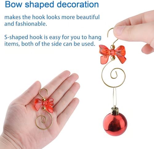 INCREWAY 30 Pcs Red Bow Ornament Hook Christmas Ornament Hook S-Shaped Hanger Crystal Jeweled Swirl for Crafts Xmas Decoration (Golden) - Image 4