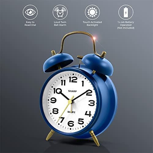 Sharp 4-Inch Twin Bell Alarm Clock for Heavy Sleepers (Matte Navy) - Image 2