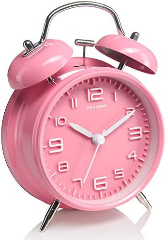 Peakeep 4 Inches Twin Bell Loud Alarm Clock for Heavy Sleepers | Backlight, Battery Operated Old Fashioned Alarm Clock for Bedrooms Kids' Room (3D-Dial, Pink) by PEAKEEP