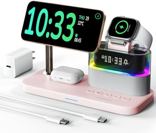 5 in 1 Mag-Safe Wireless Charger with Alarm Clock Night Light for Apple by QUVFHE