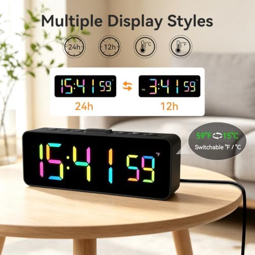Netzu 2-in-1 Digital Alarm Clocks for Living Room Bedroom | Small Clock with Temperature & Time Display - RGB Display, 4 Levels & off Birghtness, 3 Volumes, Plug-in Use, Compact, Snooze - Image 5