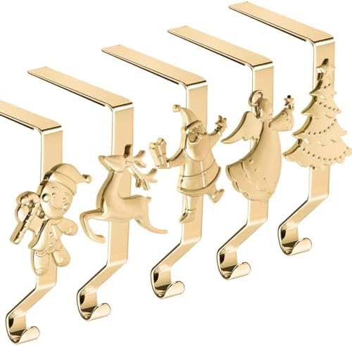 Christmas Stockings hooks, Gold Christmas Stockings holder for Mantle Set of 5, Reusable Christmas Stocking Hooks, No-Damage Xmas Hanger for Fireplace Stand Christmas Decoration Ornaments Hanging by XENTUMI