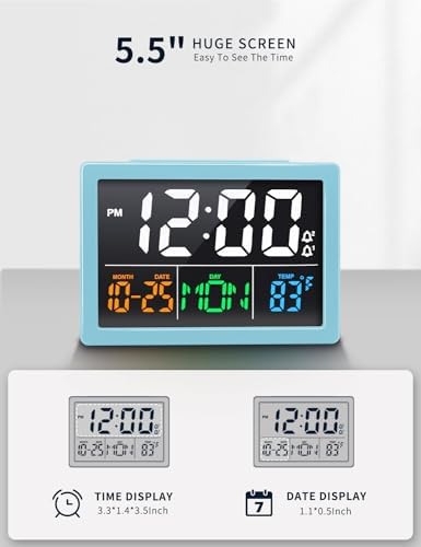 JALL Digital Clock with Date Day for Seniors, Electric Alarm Clocks for Bedrooms with Temperature, 2 Alarms, Dimmer, Dual USB Charger, Battery Backup, Volume Control, Snooze, Bedside Desk Clock, Blue - Image 2