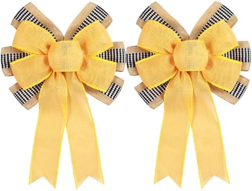 2 PCS Spring Summer Wreath Bow Decor,Decorative Bow with Yellow Burlap and Black White Stripe Ribbon for Holiday Tree Topper Home Front Door Outdoor by brand