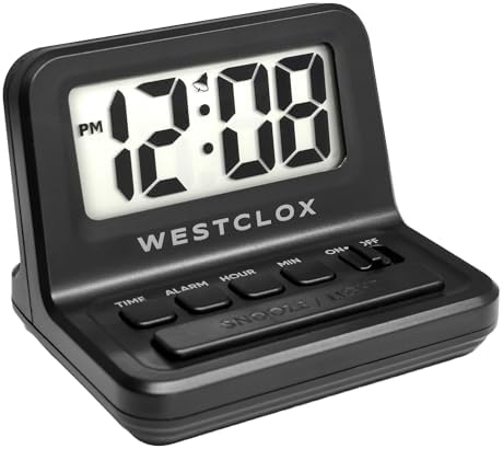 Westclox LCD Digital Bedside Alarm Clock with White Backlit Display and Snooze Function, Battery Operated, (Black, 3-Inch) by Westclox