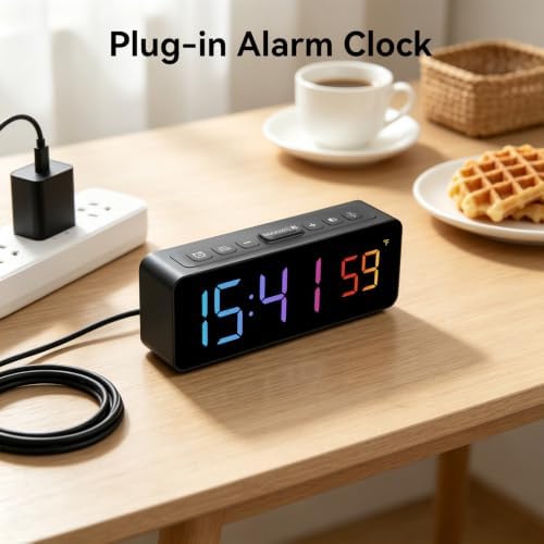 Netzu 2-in-1 Digital Alarm Clocks for Living Room Bedroom | Small Clock with Temperature & Time Display - RGB Display, 4 Levels & off Birghtness, 3 Volumes, Plug-in Use, Compact, Snooze - Image 6
