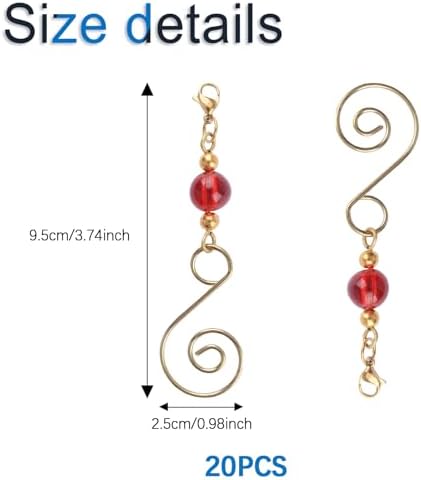 INCREWAY 20 Pcs Lobster Knot Christmas Hook Decorative with Lobster Claws Hanging Metal Wire Red Round Crystal Jeweled Swirl for Crafts Xmas Decoration (Golden) - Image 2