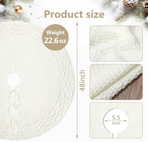 NIBESSER Knit Tree Skirt White 48" Christmas Tree Skirt Ivory Knitted Mat for Christmas Decorations Yarn Thick Rustic Cable Knit Tree Collar for Home Party Holiday Ornaments - Image 3