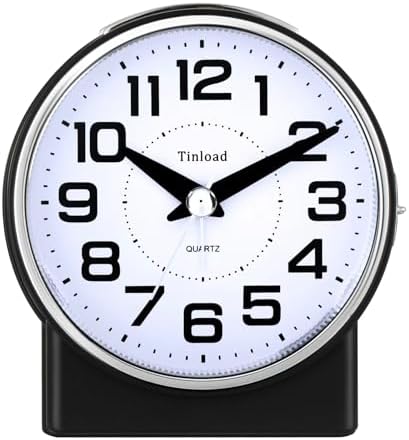 Tinload 4.3" No Ticking Analog Alarm Clock,Silent Readable for Seniors,Easy to Set,Gradual Rise Alarm,Big Numbers,On/Off Switch on Side,Gentle Wake,Snooze,Lighted on Demand,Battery Operated,Black by Tinload