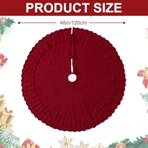 Christmas Tree Skirt 48 Inch Knitted Xmas Tree Skirt Cable Knit Tree Skirt Christmas Tree Decorations for Farmhouse Xmas Holiday Home Party(Red, 48in) - Image 2