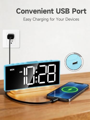 Cadmos Loud Alarm Clock for Heavy Sleepers Adults,Kids,Teens,Digital Desk Clock with USB Port,Large Numbers,7 Color Night Light,Modern Electronic Plug in Simple Clock for Bedroom(Blue+Dynamic) - Image 6