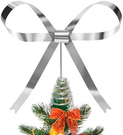 HMASYO Christmas Tree Topper Bow, 10.5 Inch Large Silver Metal Bow Tree Topper with Spiral Base for Holiday Xmas Party Christmas Tree Top Decorations (Silver) by HMASYO