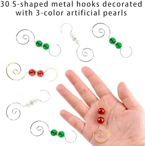 INCREWAY 30 PCS Ornament Hooks Silver S-Shaped Hangers Hook Swirl Christmas Tree Hanger Metal Hooks with 3-Color Artificial Pearl - Image 3