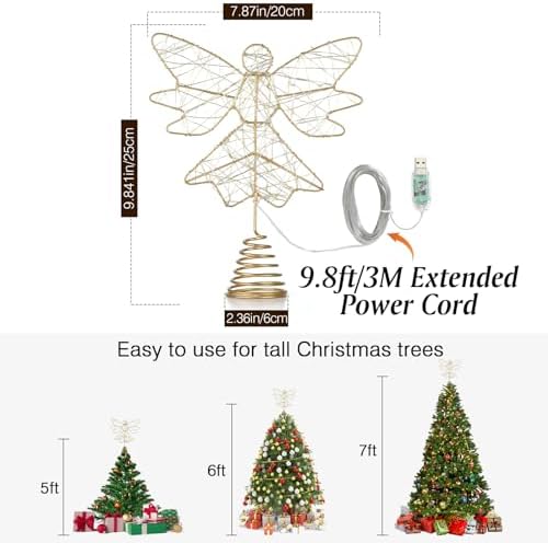 Lewondr Christmas Tree Topper Angel, 9.8" Lighted Metal Angel Treetop, Gold - Image 4