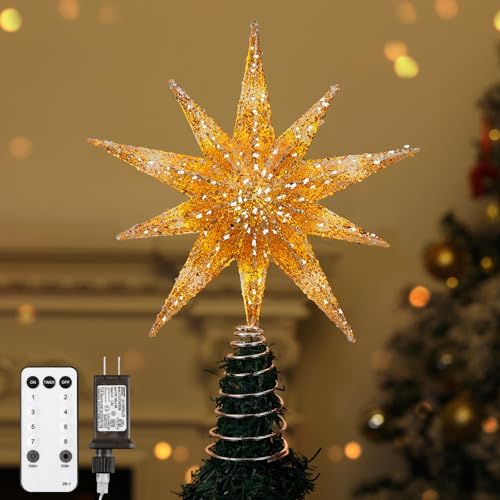 Lewondr Christmas Tree Topper Star, 13 Inch 10-Pointed Light Up Xmas Star Treetop with Plug and Remote Control for Home Christmas Decoration, 6H Timer & 8 Lighting Modes, Warm Light, Gold by Lewondr