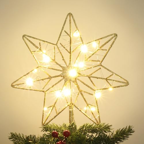 YEAHOME Christmas Tree Topper, Gold Glittered Hollow 7-Point Star Tree Topper, Lighted Wire Star with 20 LED Lights for Christmas Treetop, Xmas Tree Topper with Timer, Christmas Tree Decorations by YEAHOME
