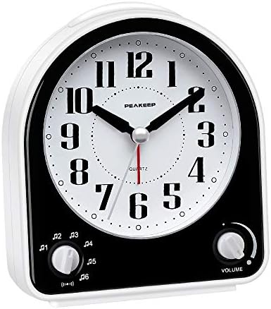 Peakeep Analog Alarm Clock Non-Ticking Silent, 7 Wake-up Sounds | with Volume Control, Nightlight and Snooze, AA Battery Operated (Black) by PEAKEEP