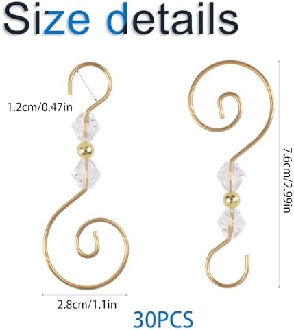 INCREWAY Christmas Ornament Hooks, 30PCS S-Shaped Hangers Hook Christmas Ornament Metal Hooks with Crystal Bead - Image 2
