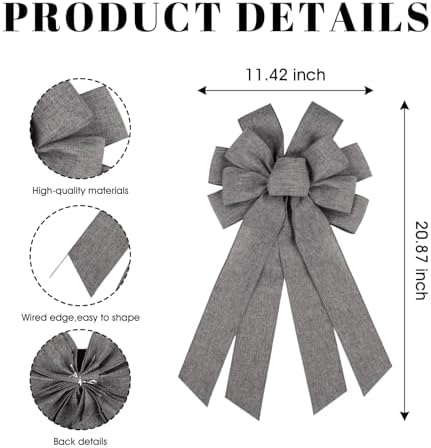 Gray Large Bow for Wreath Tree Topper 11x21 Inch Linen Texture Wired Ribbon Big Bows for Front Door Modern Farmhouse Everyday Decor Gift - Image 2