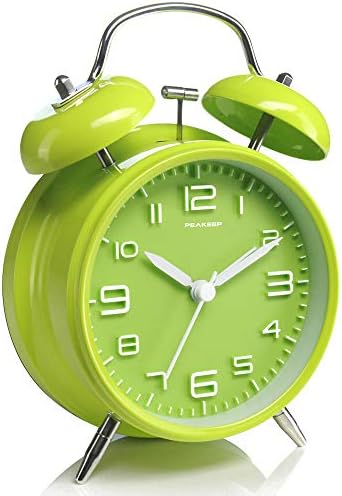 Peakeep 4 Inches Twin Bell Loud Alarm Clock for Heavy Sleepers | Backlight, Battery Operated Old Fashioned Alarm Clock for Bedrooms Kids' Room (3D-Dial, Green) by PEAKEEP