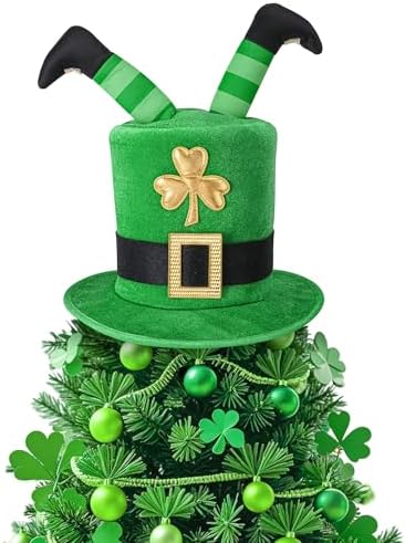 codree St. Patrick's Day Tree Topper Hat, Irish Green Shamrock Elf Legs Top Hat Decoration, St. Patrick Clover Velvet Hat Tree Topper for Holiday Home Party Decor Fancy Dress Costume by codree