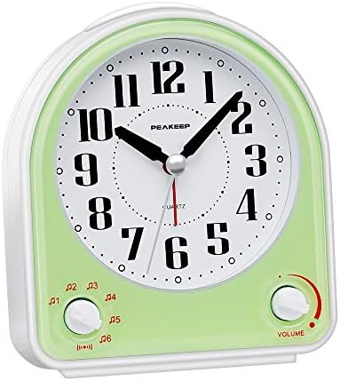 Peakeep Analog Alarm Clock Non-Ticking Silent, 7 Wake-up Sounds | with Volume Control, Nightlight and Snooze, AA Battery Operated (Green) by PEAKEEP