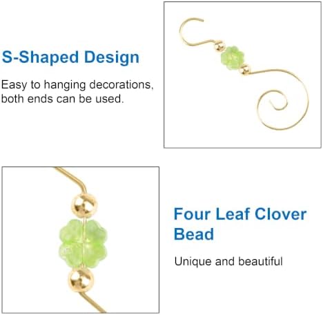 INCREWAY 30PCS Christmas Ornament Hooks with Four Leaf Clover Bead, S-Shaped Decorative Hangers Gold Metal Wire Green Acrylic Beads for Christmas Tree Decorations Party Crafts Door Frame - Image 3