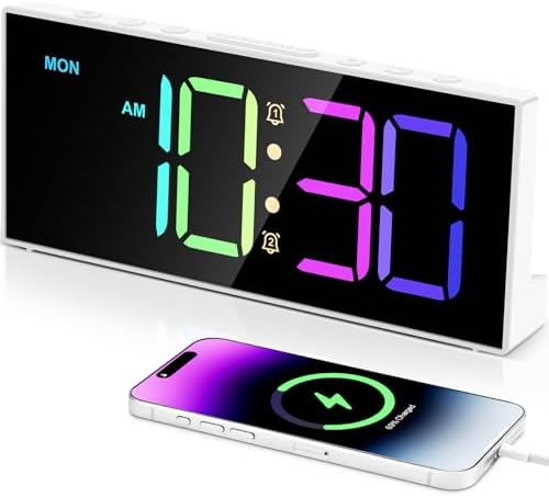 Alarm Clock with Large Display Big Numbers,5 Levels Brightness???Snooze,USB Charging Port,LED and Mirror Desk Clock,Dual Alarms Modern Electronic Clock for Bedroom Home Living Room Office. (White) by Tetino