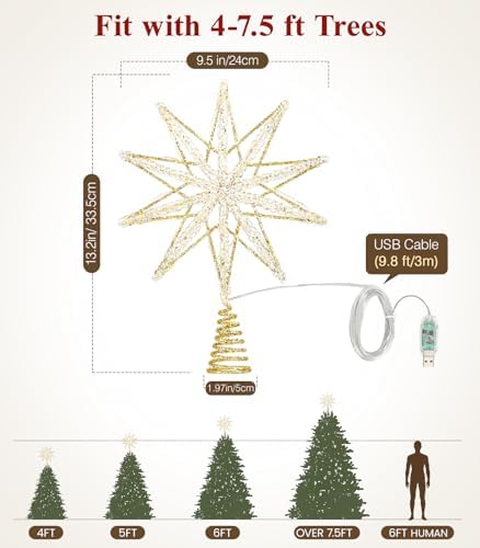 Luxspire Christmas Tree Topper, Lighted Star Tree Topper with USB Remote Control, 10" Clear Metal Decorations Lights,Light Up Xmas Stars Vintage Modern Ornaments for Home Party, Decagram Star-Gold - Image 6