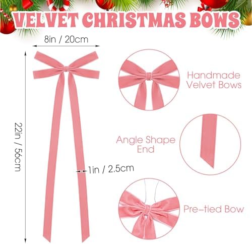 10 Pcs Dusty Pink Velvet Bows 22"x8" Pre-Tied Christmas Ornaments - Image 2
