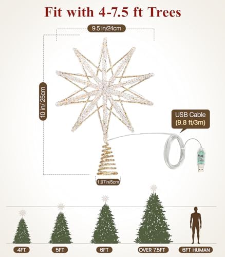 Luxspire Christmas Tree Topper, Lighted Star Tree Topper with USB Remote Control, 10"Clear Metal Christmas Decorations Lights,Light Up Xmas Tree Star Vintage Modern Ornaments for Home Party, Champagne - Image 6