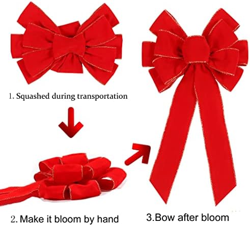 2 Pack Red Christmas Bows Outdoor Decorations,12?€?x20?€? Large Christmas Tree Topper Bow, Velvet Wreath Bow with Glitter Gold Edge for Xmas Home Front Door Decor - Image 4