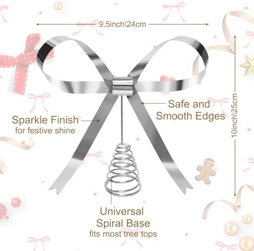 HMASYO Christmas Tree Topper Bow, 10.5 Inch Large Silver Metal Bow Tree Topper with Spiral Base for Holiday Xmas Party Christmas Tree Top Decorations (Silver) - Image 4