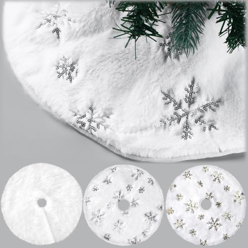 3 Pack Mini Christmas Tree Skirt White with Silver Snowflake Mat 15?€? Small Christmas Tree Skirt Faux Fur Plush Sequin Fluffy for Xmas Holiday Party Indoor Outdoor Home Decoration by Civaner