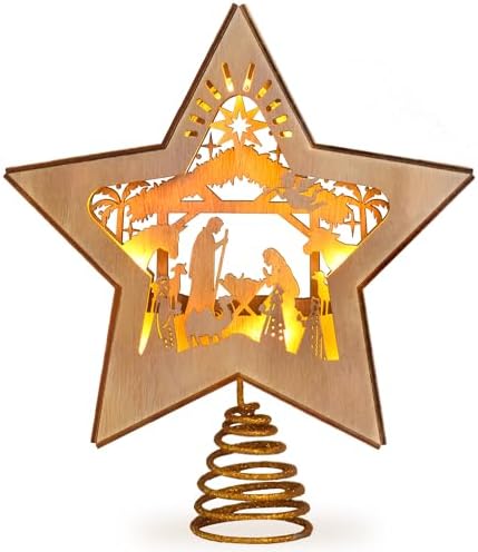 GHOSTMAGIC 3D Wooden Nativity Christmas Tree Star Topper Lighted, LED Xmas Decor Ornaments for Indoor by GHOSTMAGIC