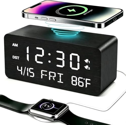 Premium Black Wooden Digital Alarm Clock with Wireless Phone Charger, Dual USB Charging Ports, Dimmable LED Display, Date and Day of Week, Small Digital Desk Clock for Bedroom Nightstand Bedside Table by Andoolex