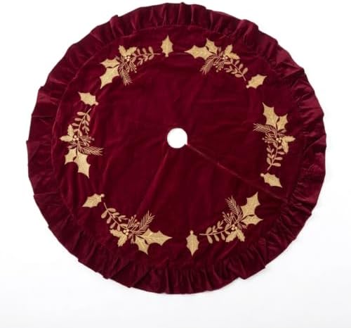 Velvet Christmas Tree Skirt Red Wine Gold Fur Plush Tree Skirt Luxury Xmas Skirts for Merry Christmas Party Vintage Holiday Decorations (72 Inches,Gold Embroidered Holly Style,Red) - Image 5